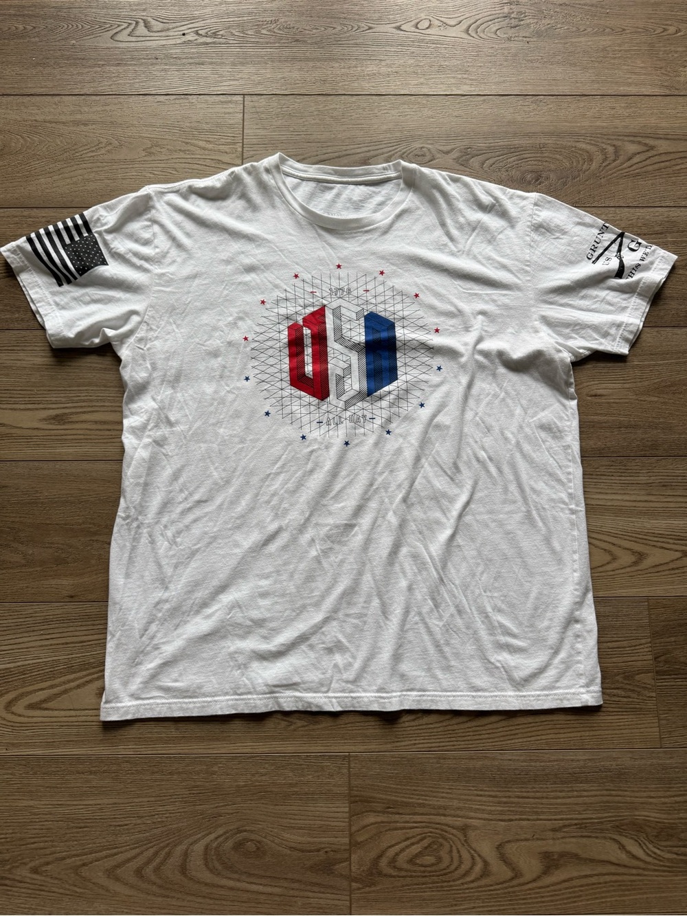 Grunt Style White Short-Sleeve Tee with Red & Blue Geometric Logo